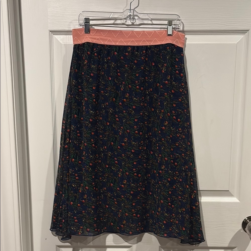 LuLaRoe Navy Midi Skirt with Coral Waistband and Tiny Floral Sprigs - Picture 1 of 9